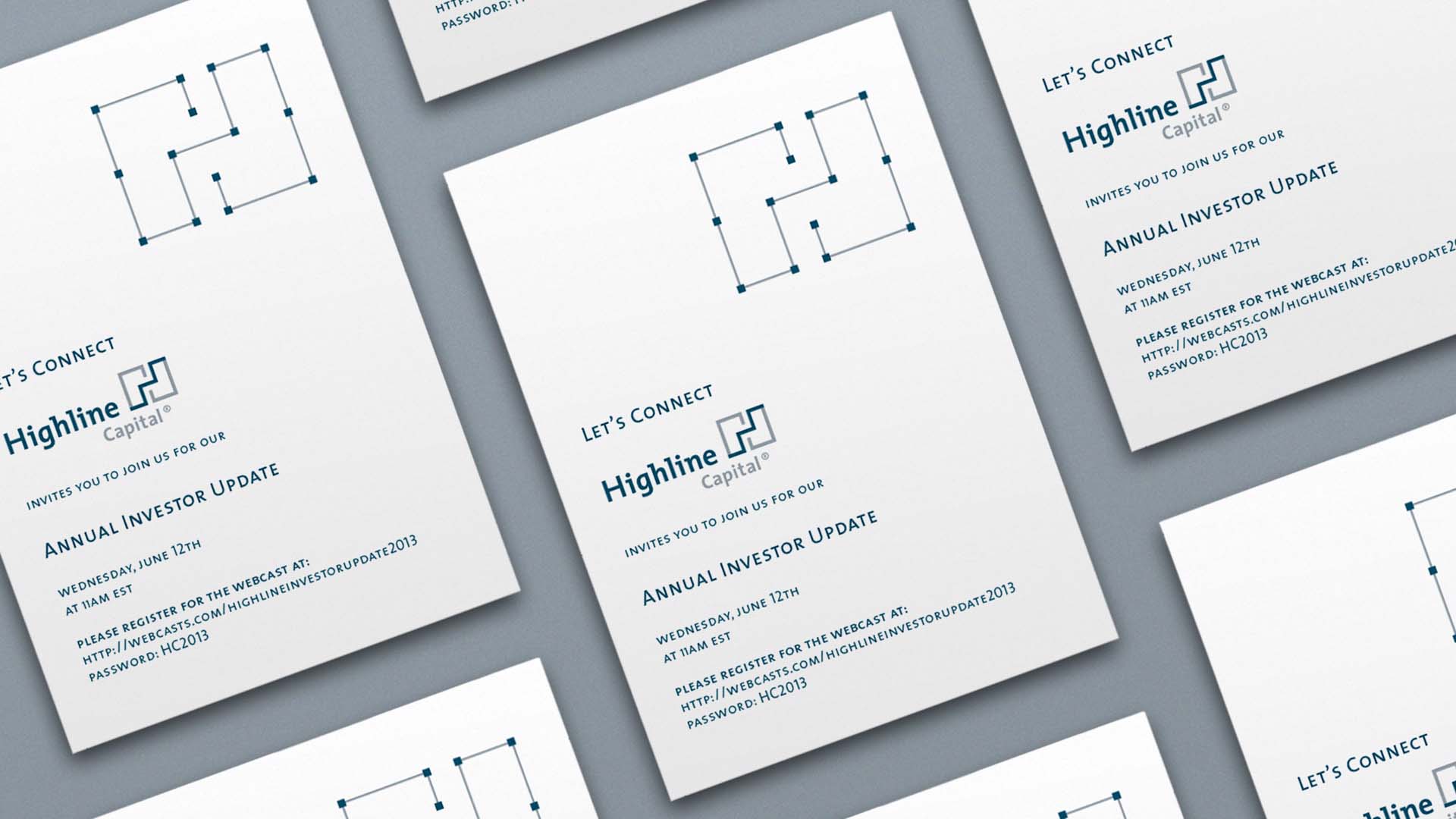 A grid of invites from Highline Capital for their Annual Investors Event.