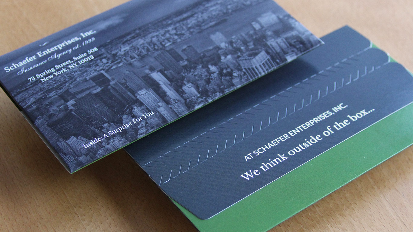 Invitation design with outer envelope for NYC insurance agency SEI