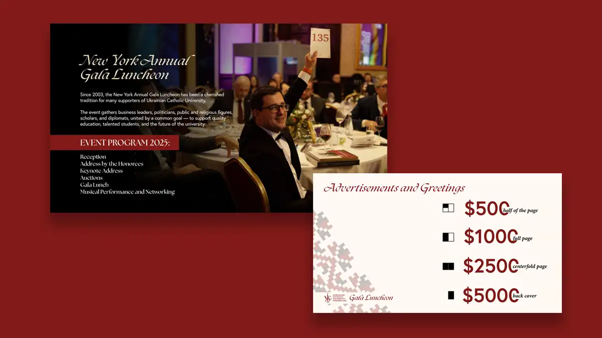 Event branded material for UCU Foundation's New York Gala Luncheon.