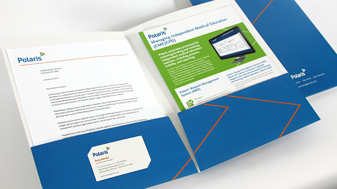 Corporate rebranding: Healthcare rebrand for Polaris, detail of folder with marketing materials.