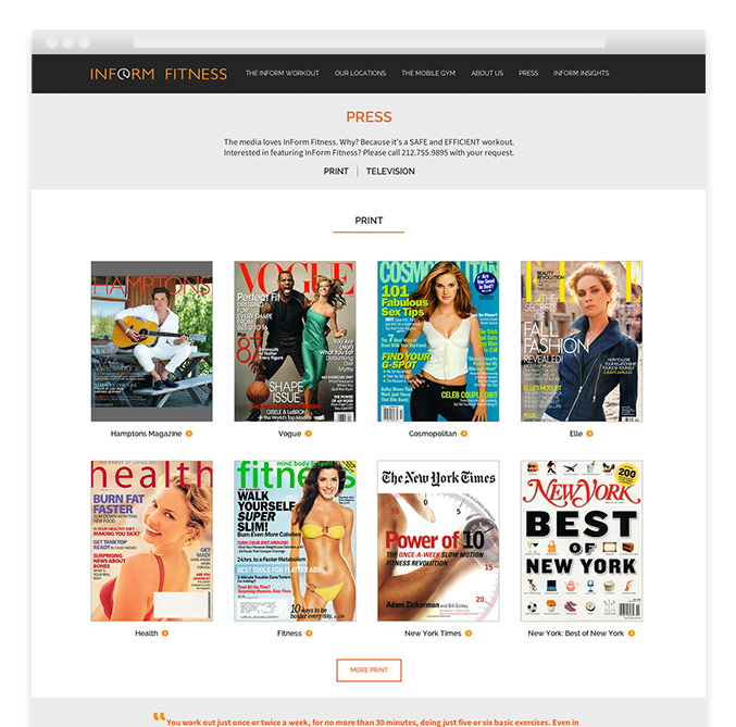Responsive website for InForm Fitness press page