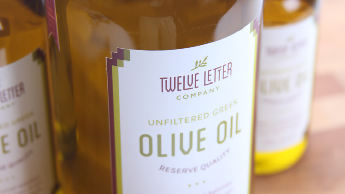 Twelve Letter olive oil package designers, label design detail