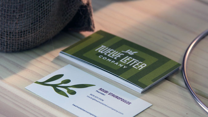 Twelve Letter olive oil branding, gourmet food business card design