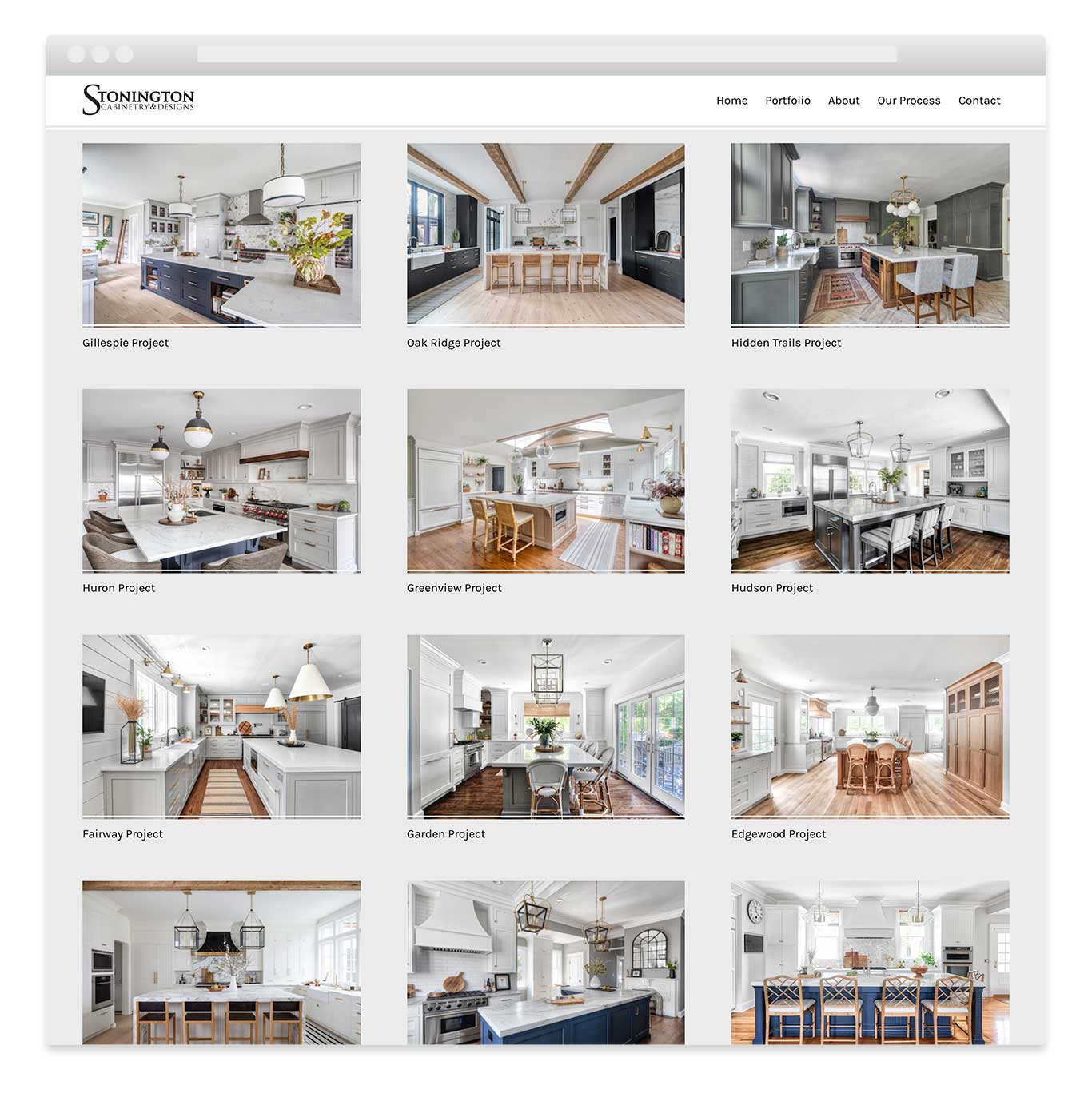 Portfolio webpage of WordPress interior design website design for Stonington Cabinetry in New Jersey.