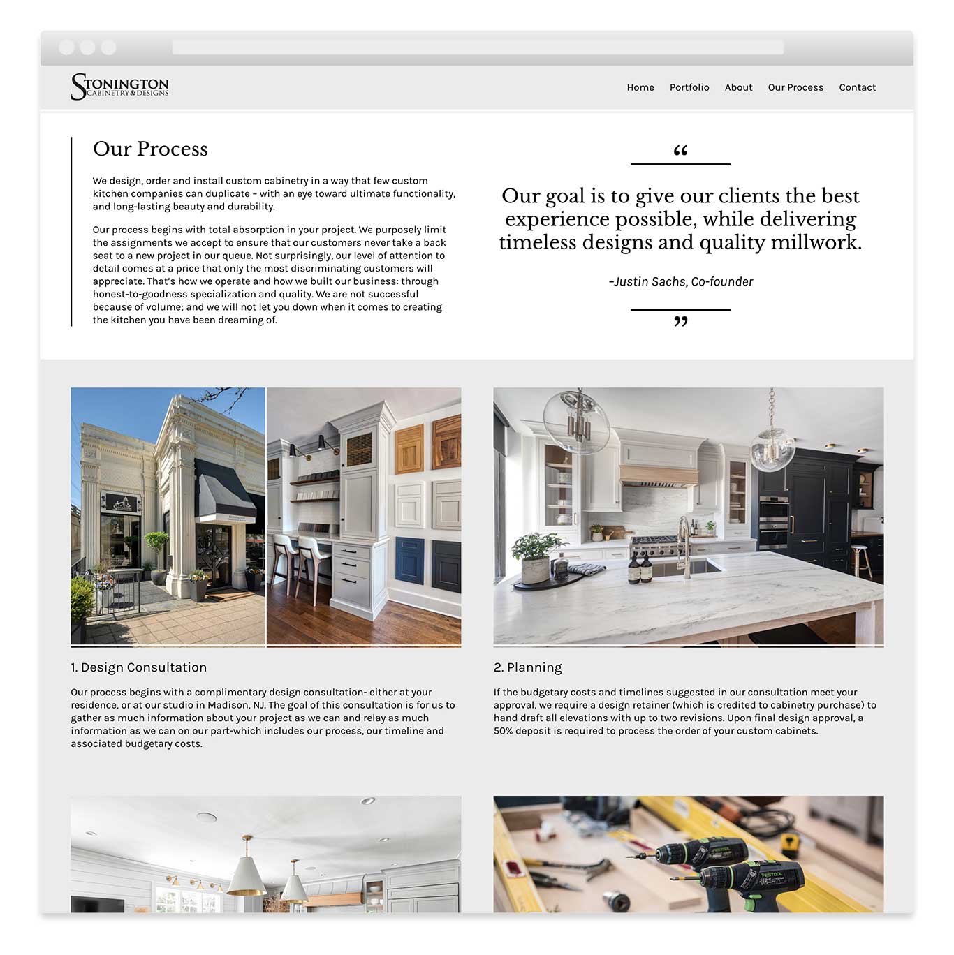 Our Process webpage of WordPress interior design website design for Stonington Cabinetry in New Jersey.