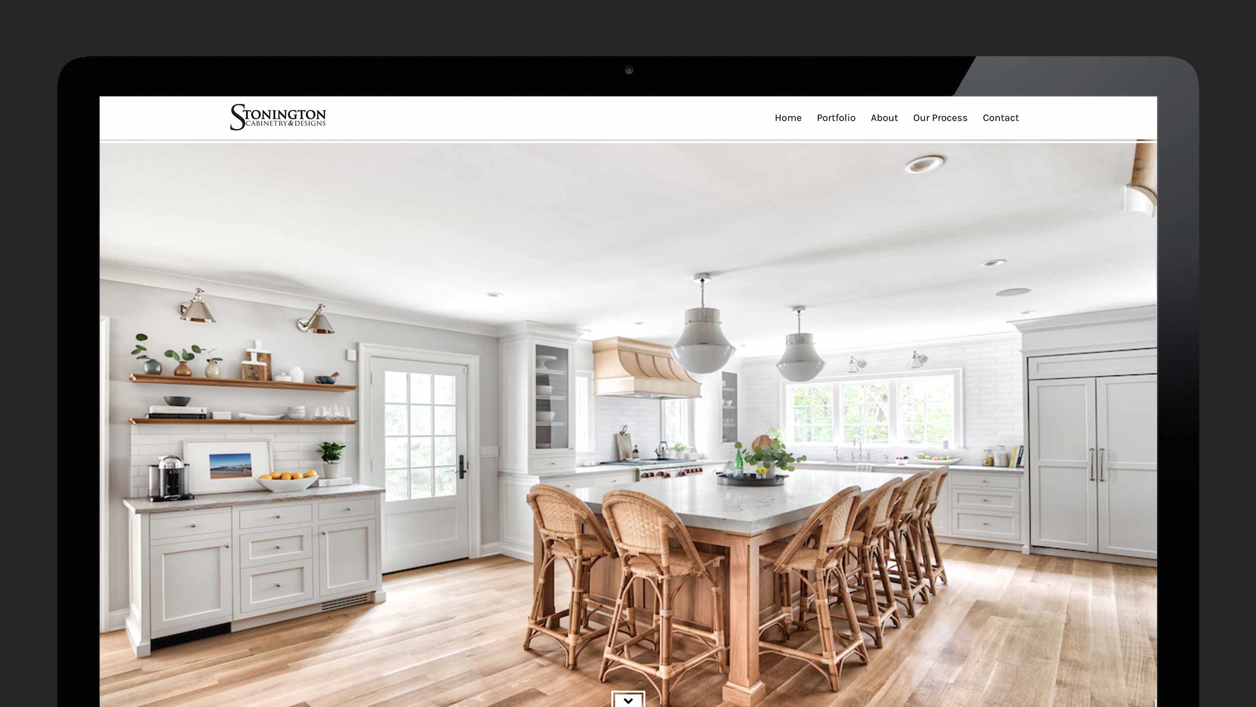 Homepage of WordPress interior design website design for Stonington Cabinetry in New Jersey.