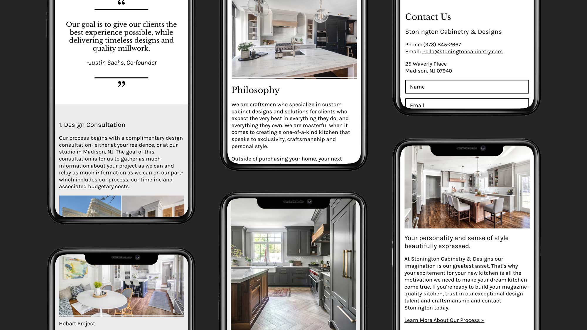 Mobile layouts of WordPress interior design website design for Stonington Cabinetry in New Jersey.