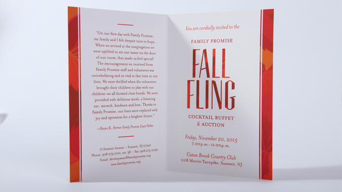 Interior view of a fall themed gala invitation design for a not for profit based in NJ.