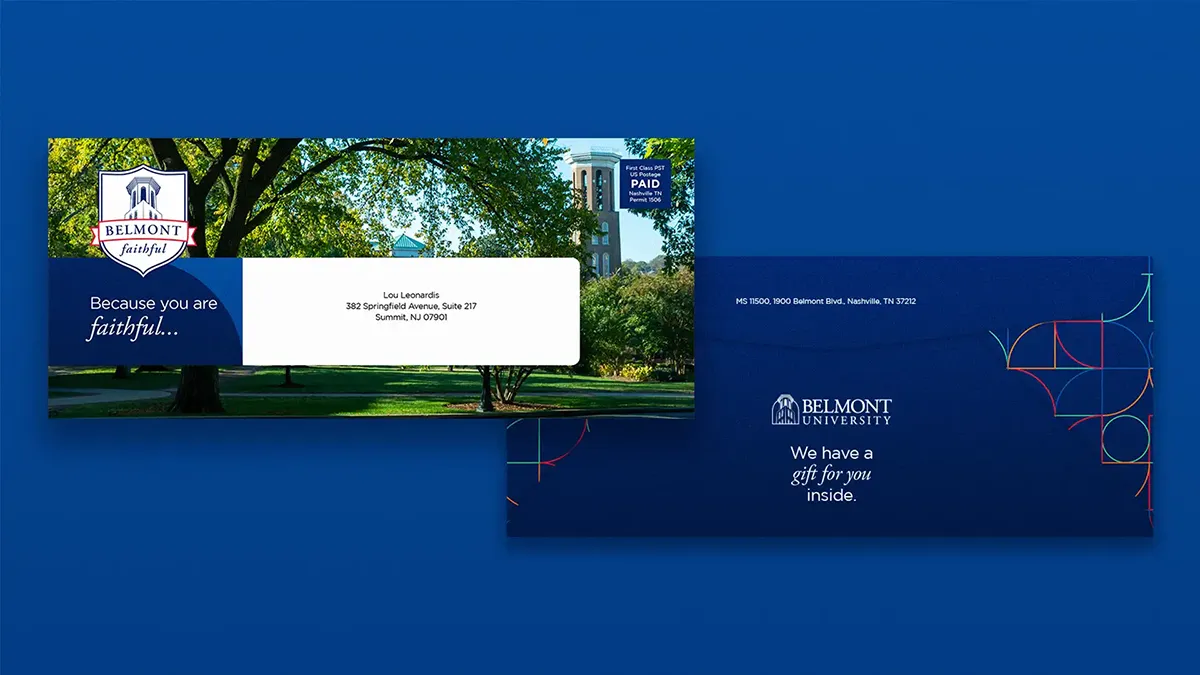 Envelope front and back for Belmont University's alumni fundraising campaign.