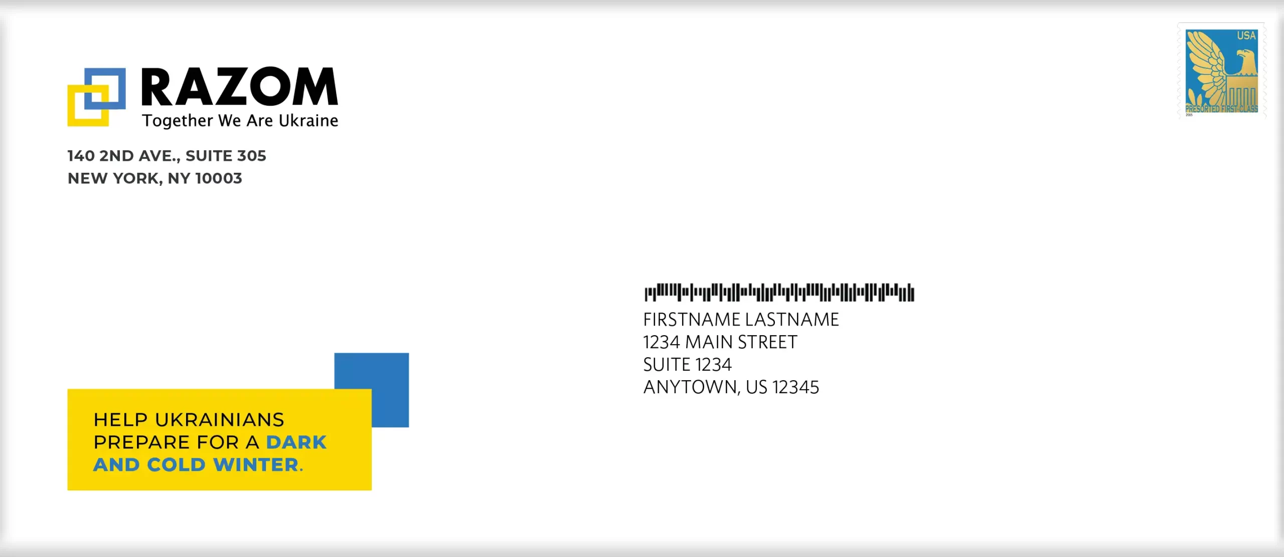 An official looking envelope design for a Ukrainian aid non-profit.