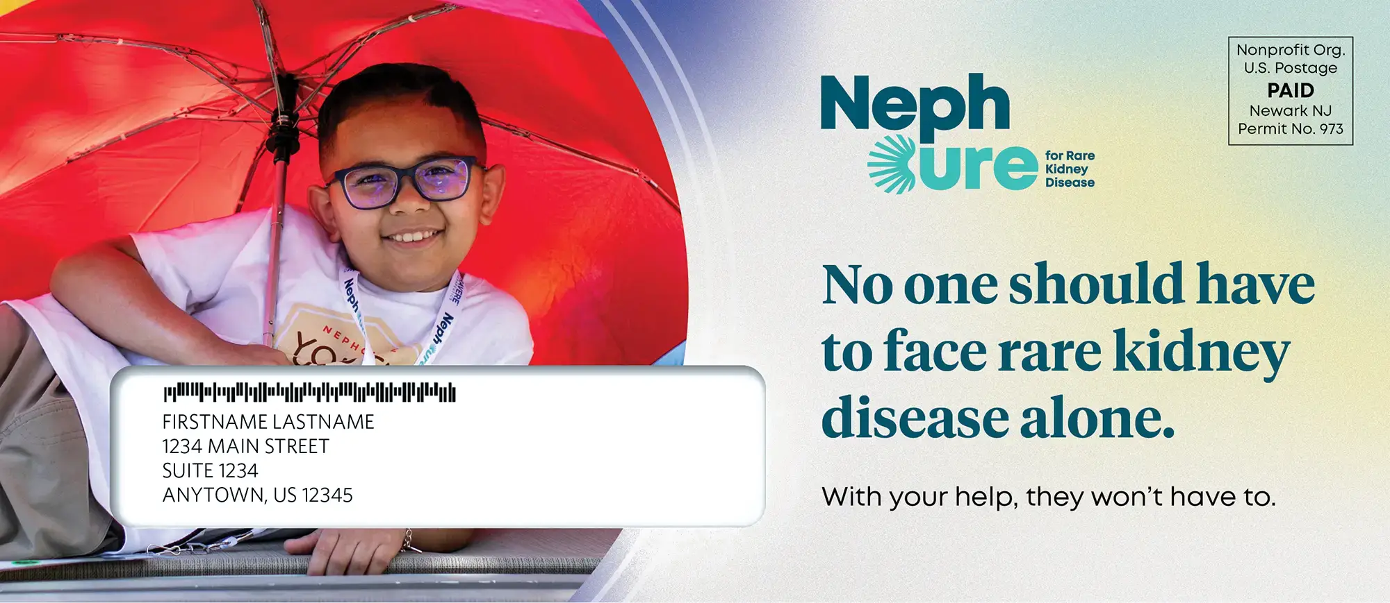 The envelope front and back for the Nephcure end of year appeal mailing, featuring a large photo and a gradient background.