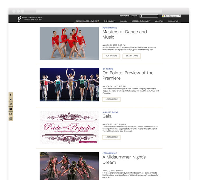 Ballet website design – American Repertory Ballet – Trillion Creative