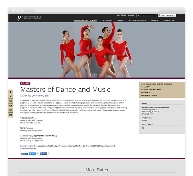 Ballet website design – American Repertory Ballet – Trillion Creative