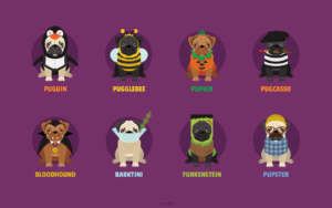 pugs in halloween costumes, illustration, pugs, puns, desktop wallpaper background