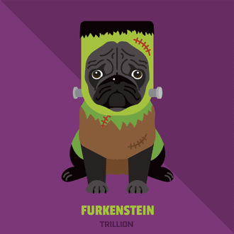 pugs in halloween costumes illustration pugs puns animation frankenstein monster