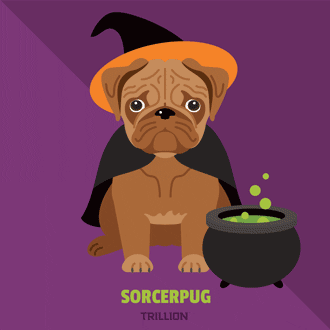 pugs in halloween costumes illustration pugs puns animation sorcerpug sorcerer witch wizard cauldron