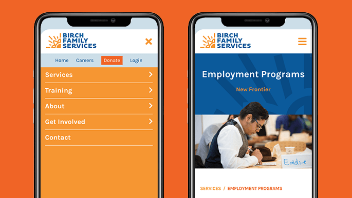 Birch Family Services website design on phone