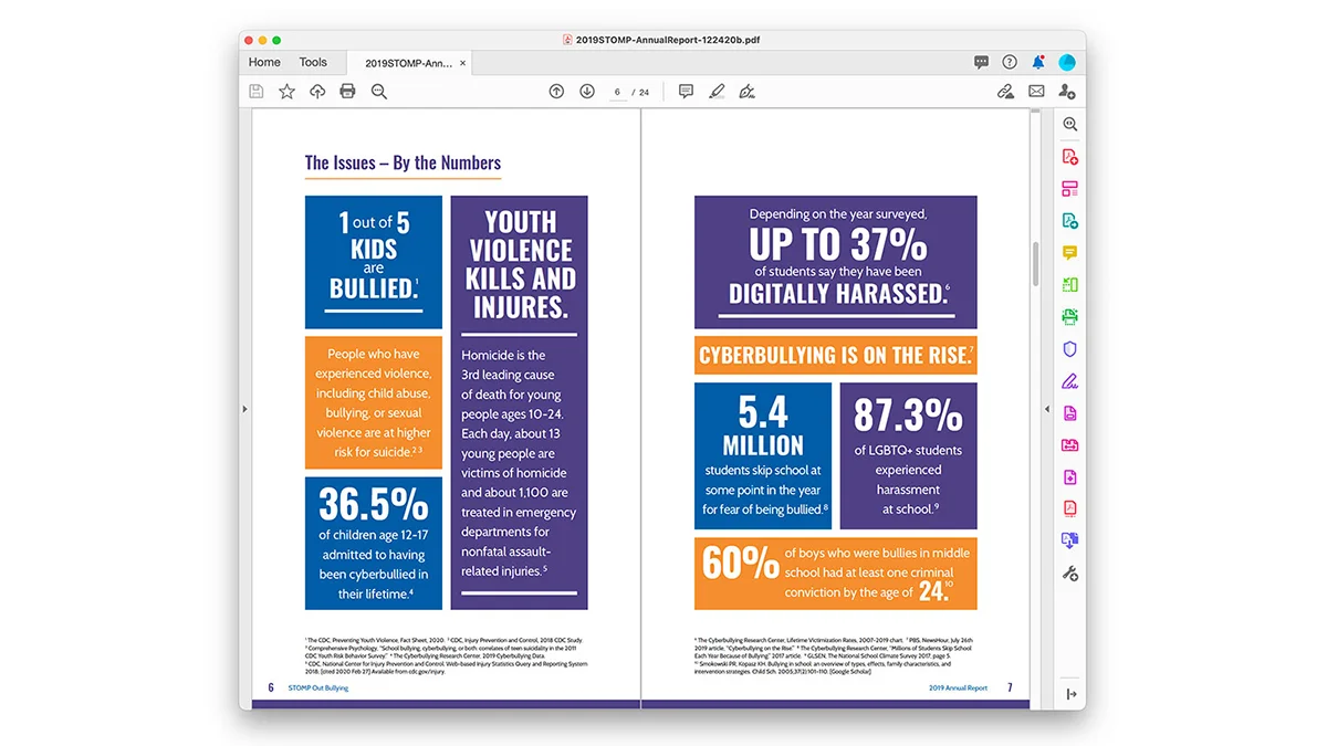 A PDF view of a spread in the annual report design for STOMP Out Bullying