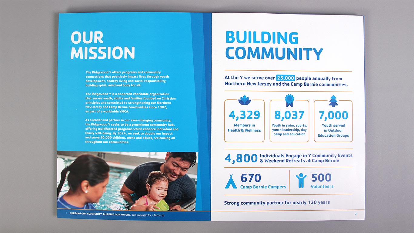 Successful capital campaigns use a unique look and feel, like Ridgewood YMCA's brochure with overlapping blue shapes and tone-on-tone blue icons.