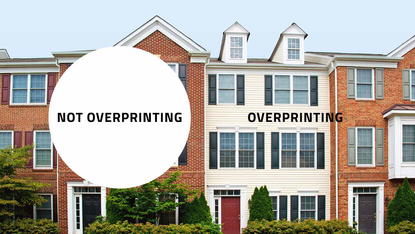 What is Overprinting? A white circle laid over a photo, the left circle is white, the right is not visible due to overprinting.