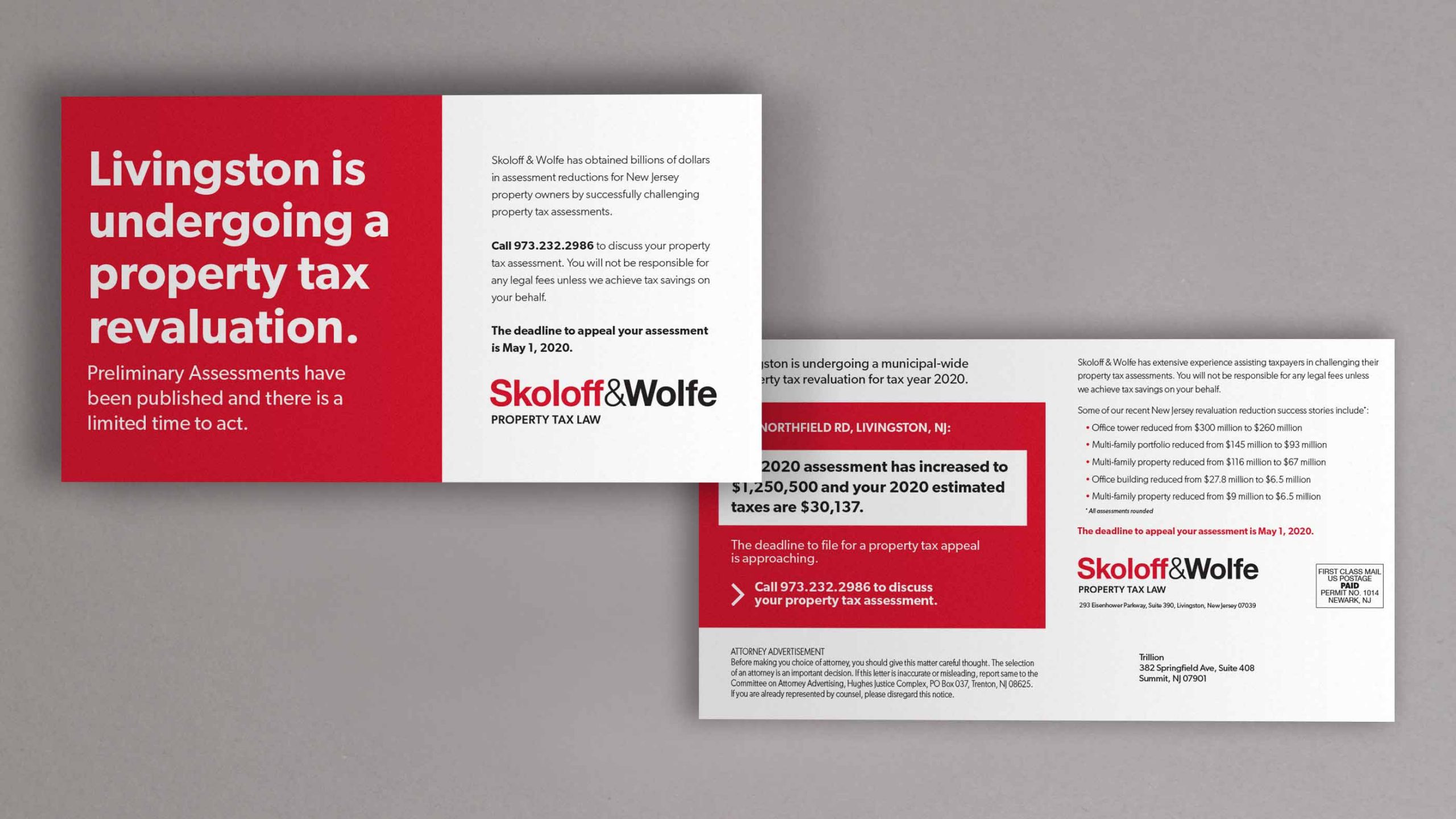 Direct mail postcards designed for a law firm with unique branding