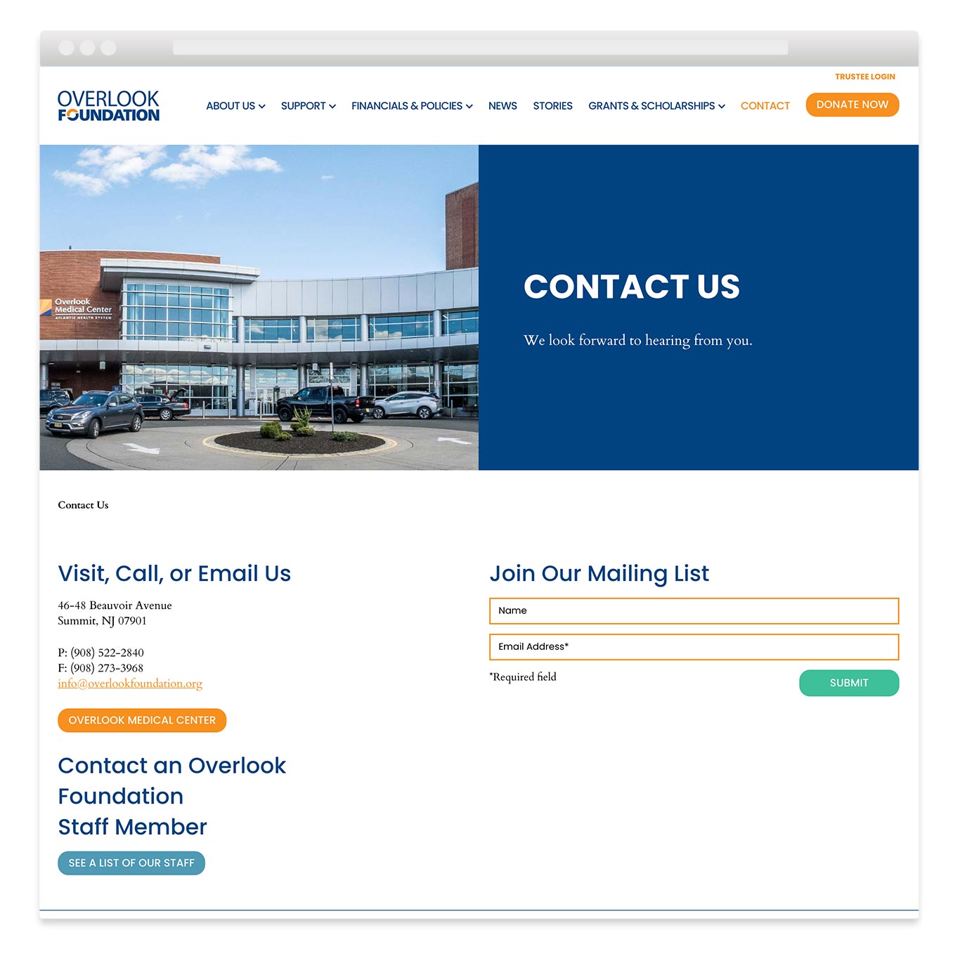 Contact us page for Overlook Foundation's new website design