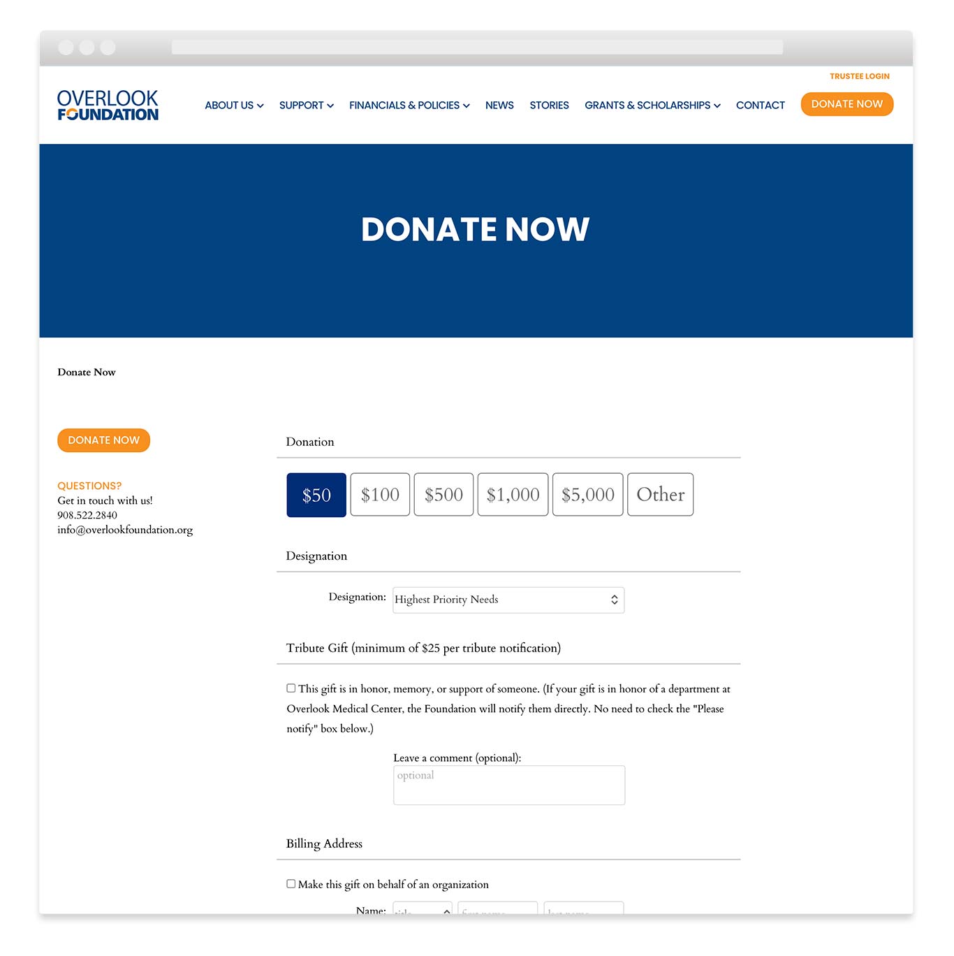 Donate now page design for a hospital foundation website