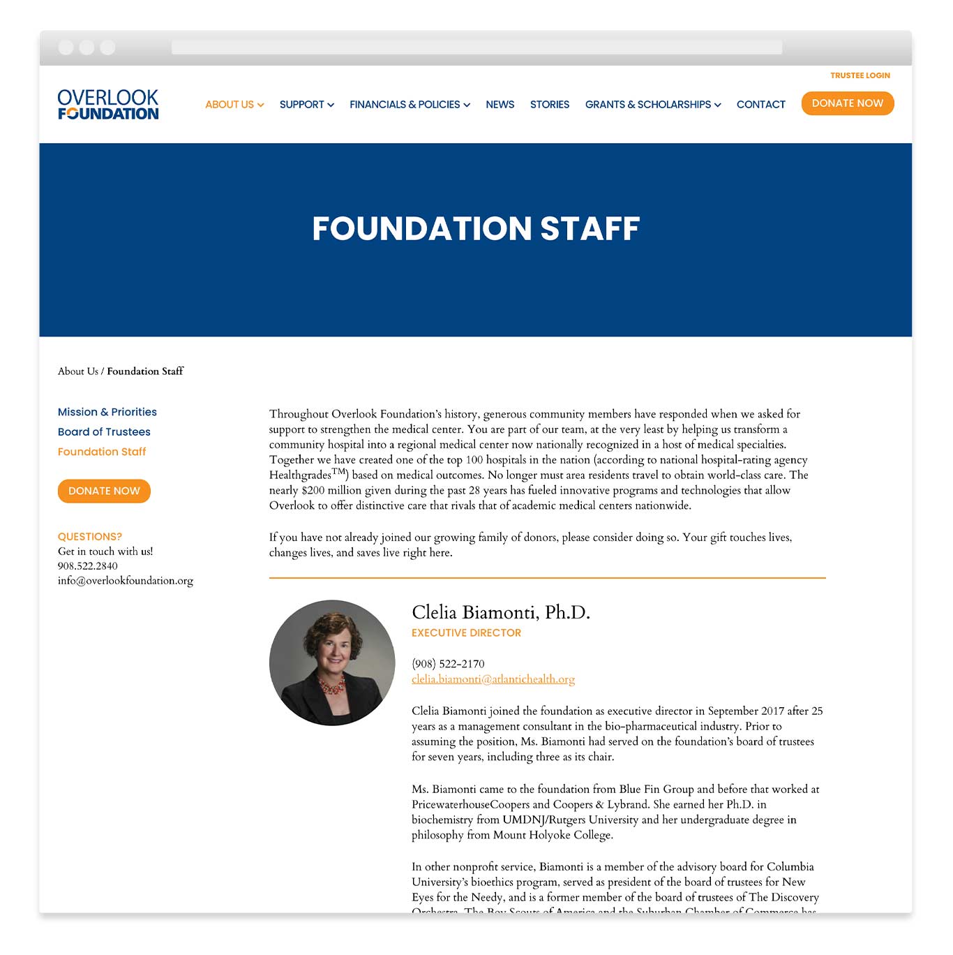 Hospital foundation staff page design