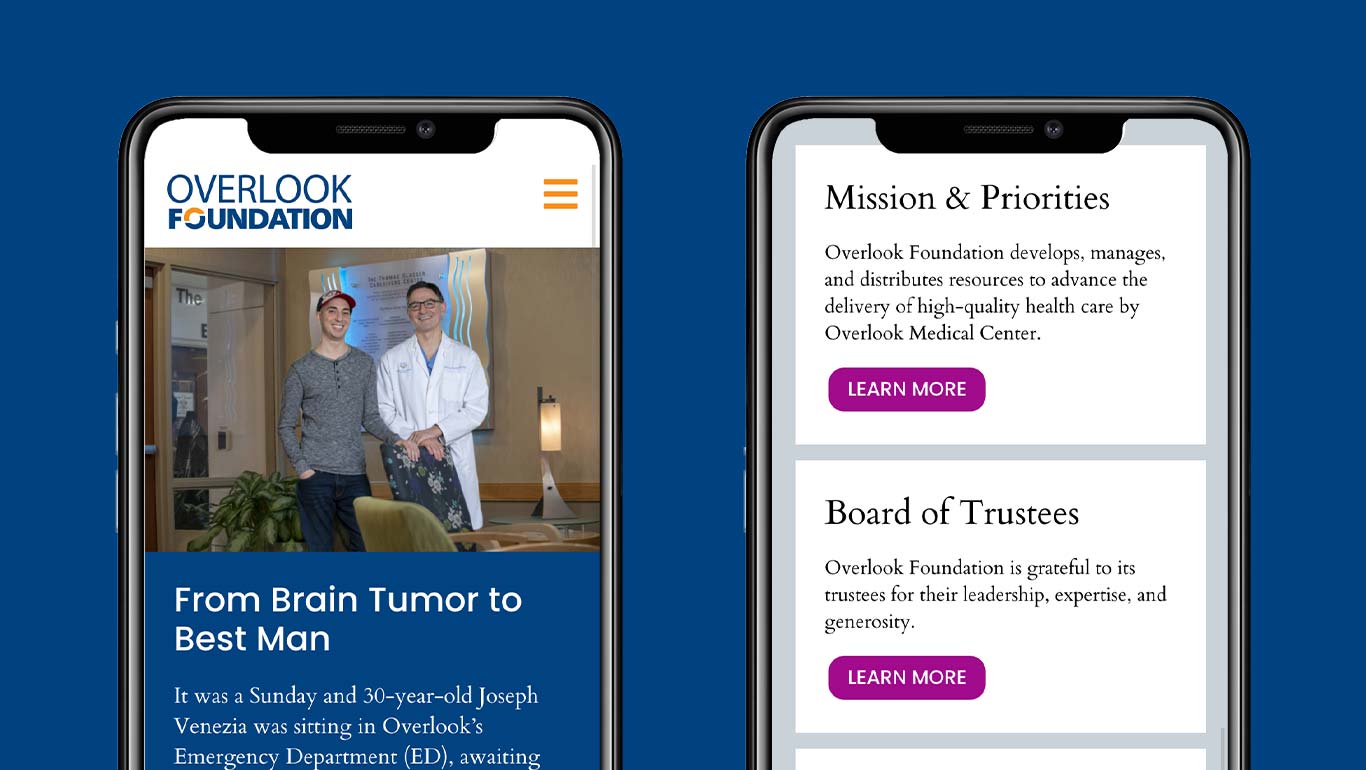 Two iPhones showing Overlook Foundation's mobile website. The phone on the left shows a blog post and the phone on the right shows ways to donate to the foundation