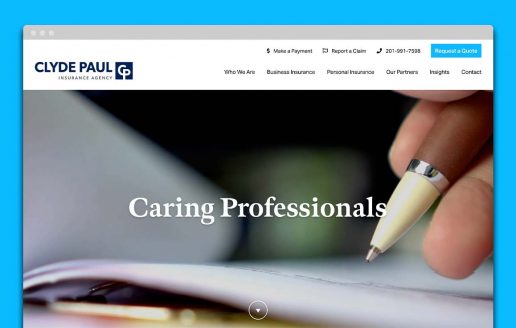 Insurance website homepage with a video of someone writing and the text "caring professionals" superimposed on top