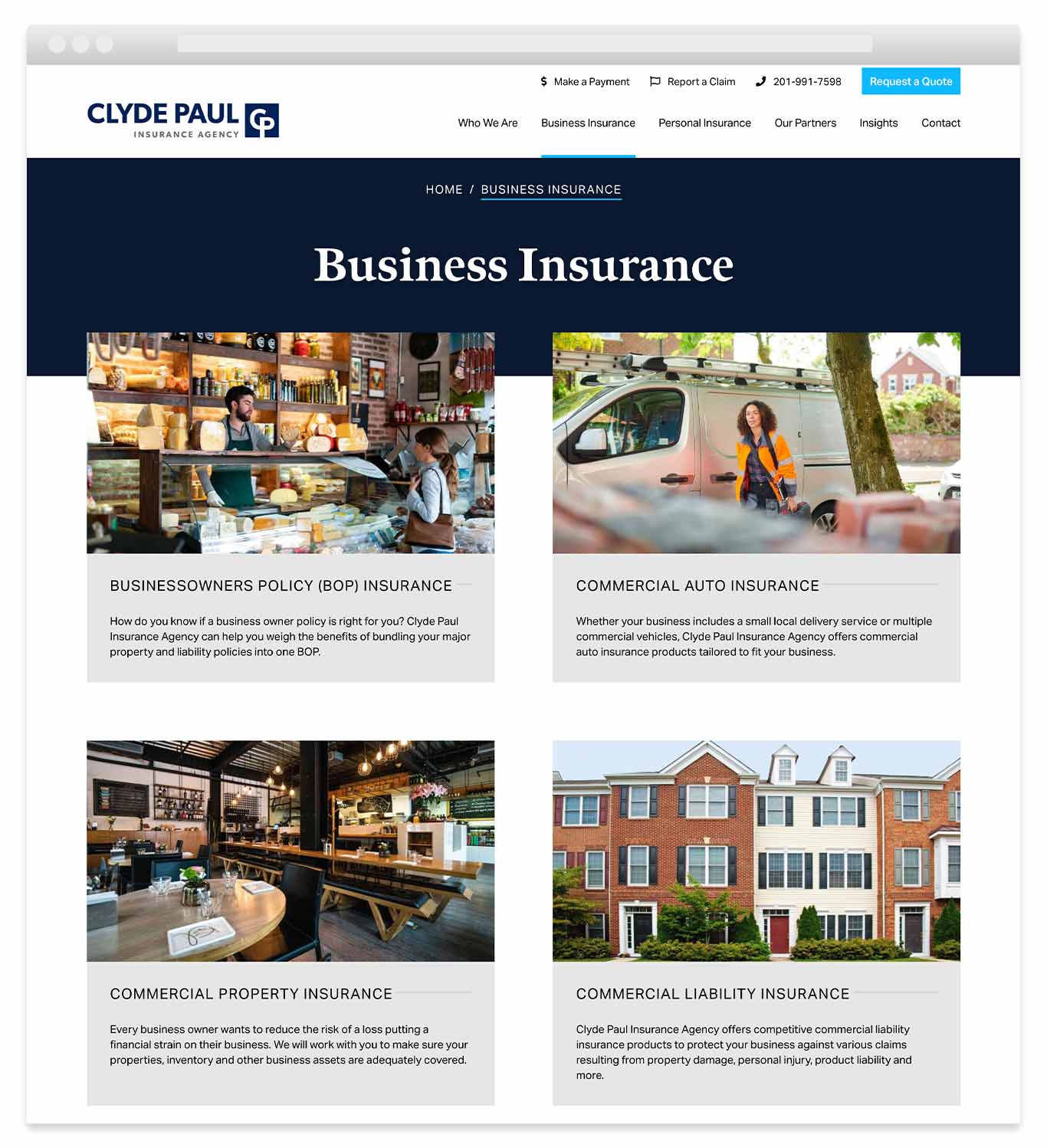 Business insurance landing page with different kinds of insurance listed