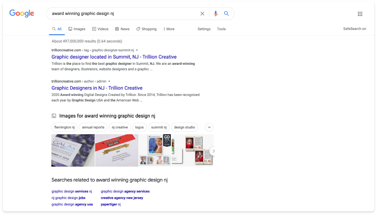 Google search result showing Trillion ranking for a search term