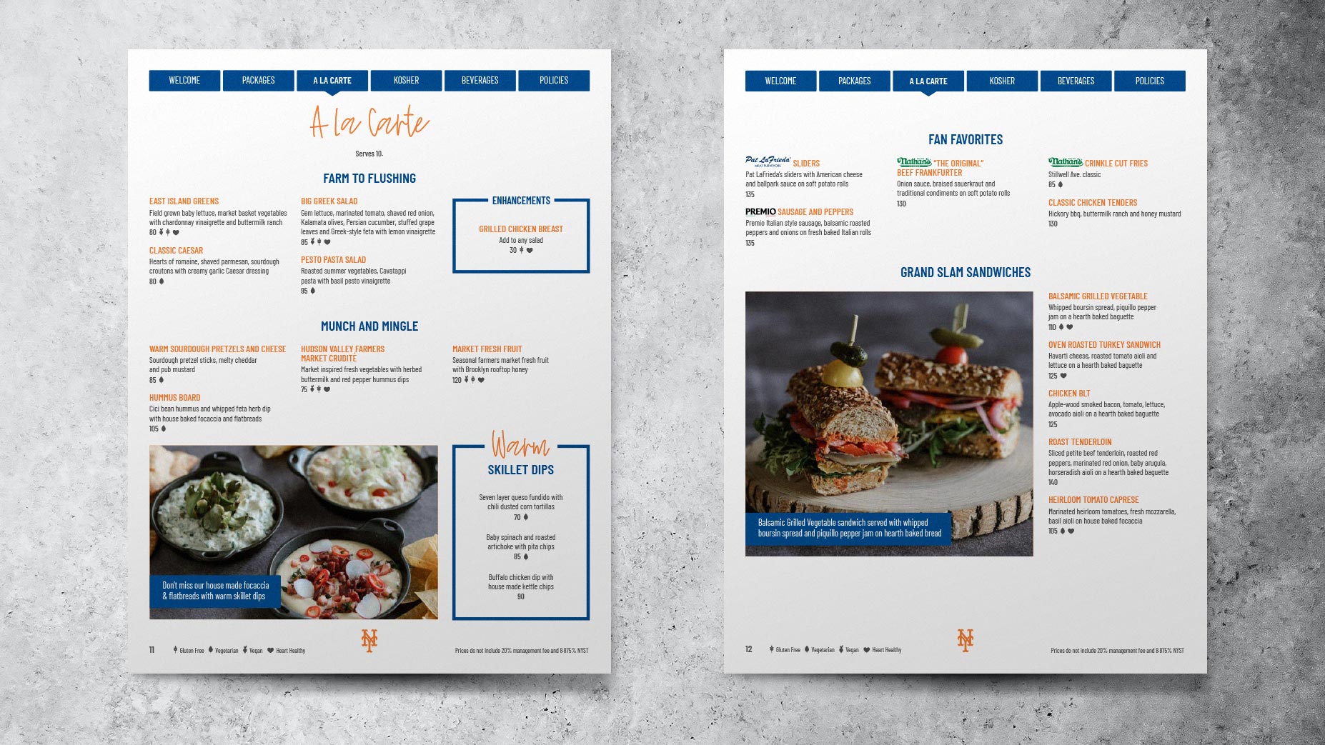 two interior menu pages designed for a baseball stadium