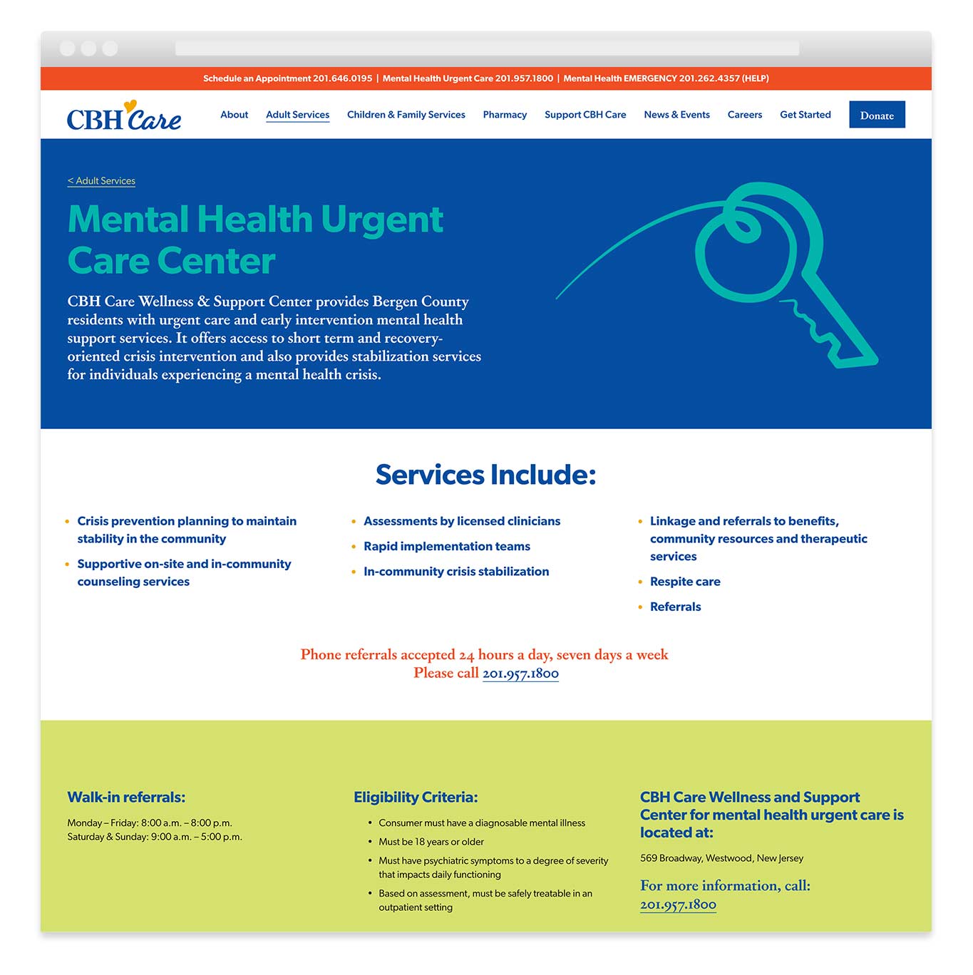 Mental Health urgent care center website page design