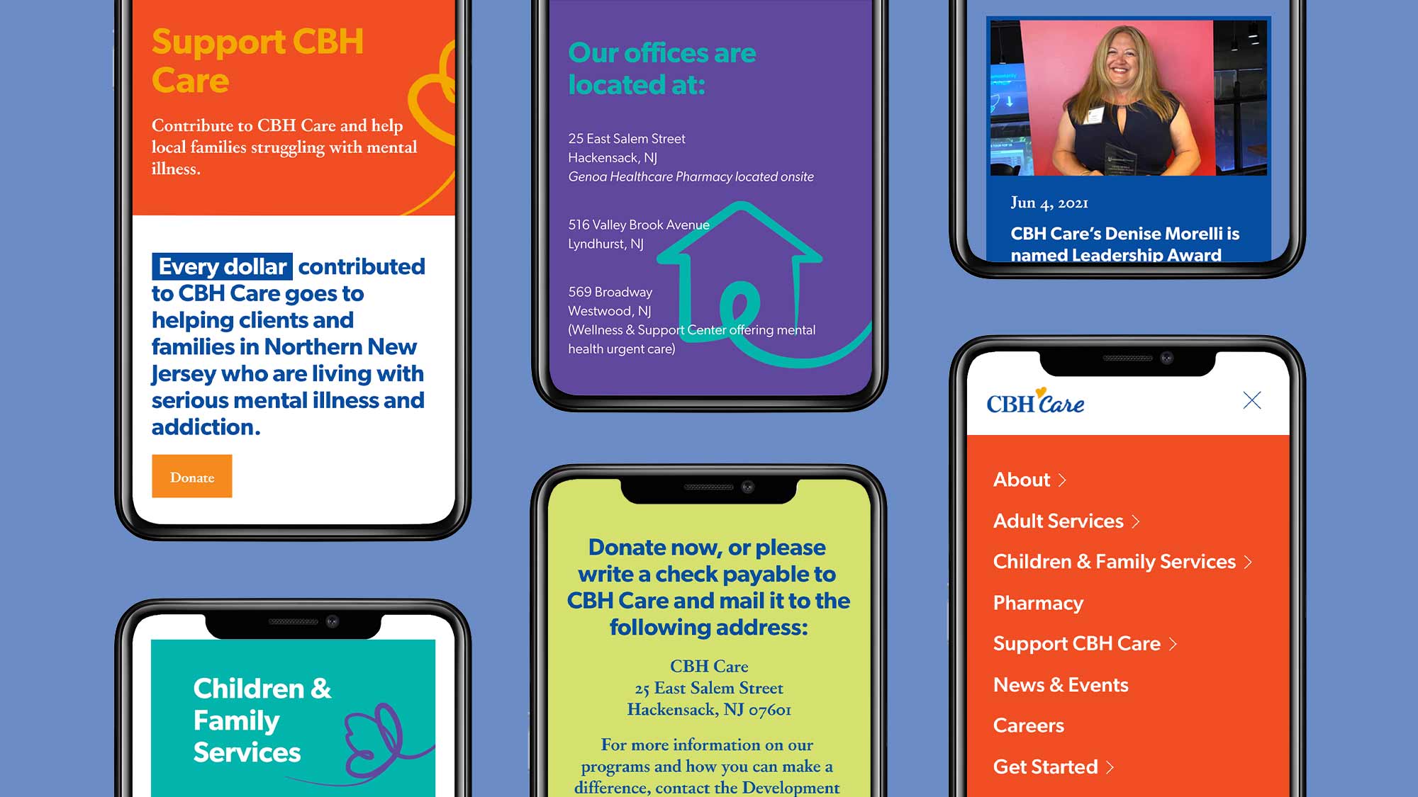 A grid of phone screens showcasing a mental health agency website on a blue background.