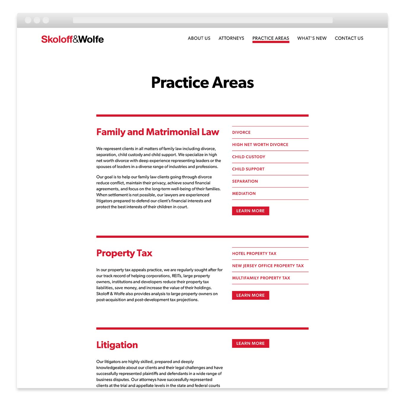 Modern law firm website practice areas design