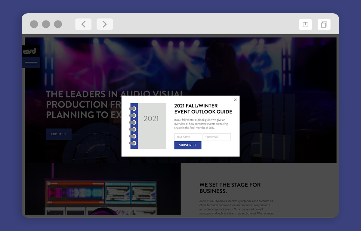 AVD website featuring a pop-up offering users a free guide if they input their email address.