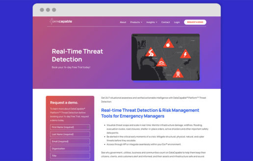 DataCapable website features landing pages that describe features of the platform and allow users to try a demo after completing a form.