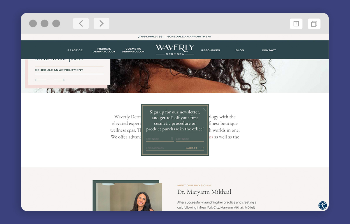 Waverly website featuring a pop-up allowing users to enter their email to be added to a newsletter list.