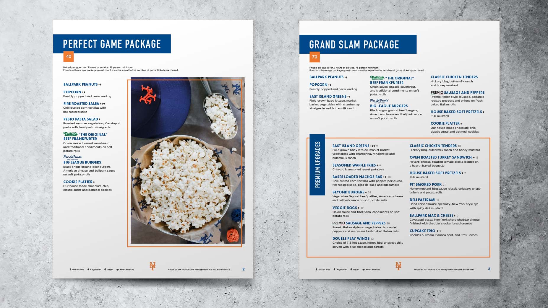 Catering menu design showing two pages on a concrete counter