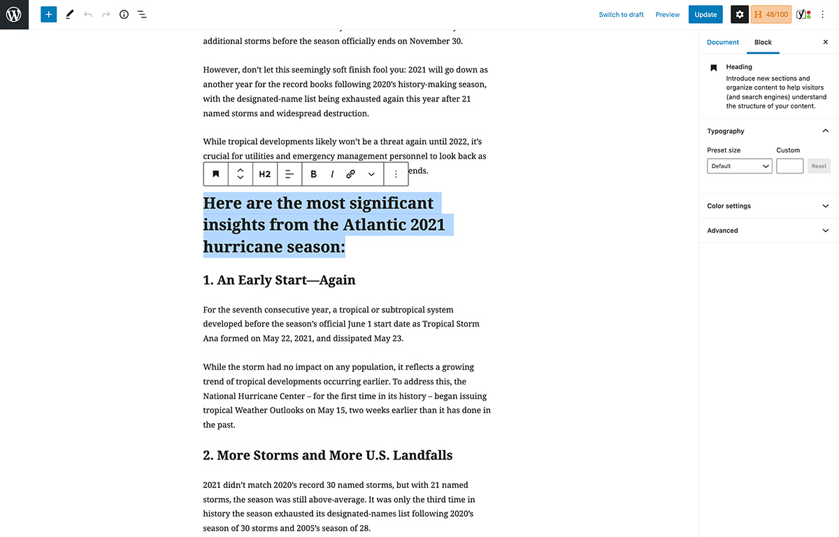 A sample blog post showing text formatting options, including headlines.