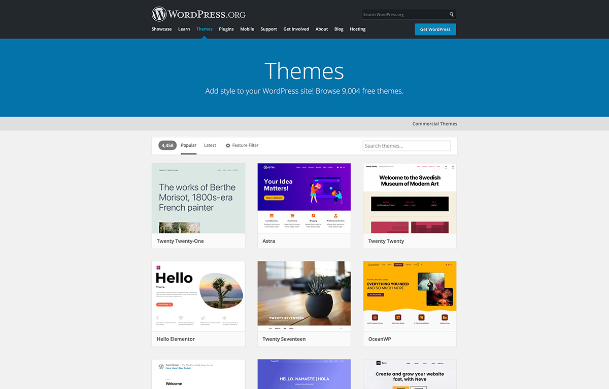 Wordpress site showing possible themes you can choose for your website.
