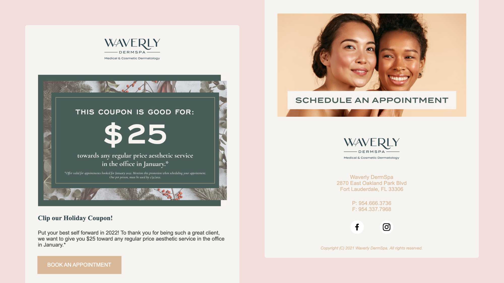 Two examples of a medical practice marketing email showing a coupon and prompt to schedule an appointment.