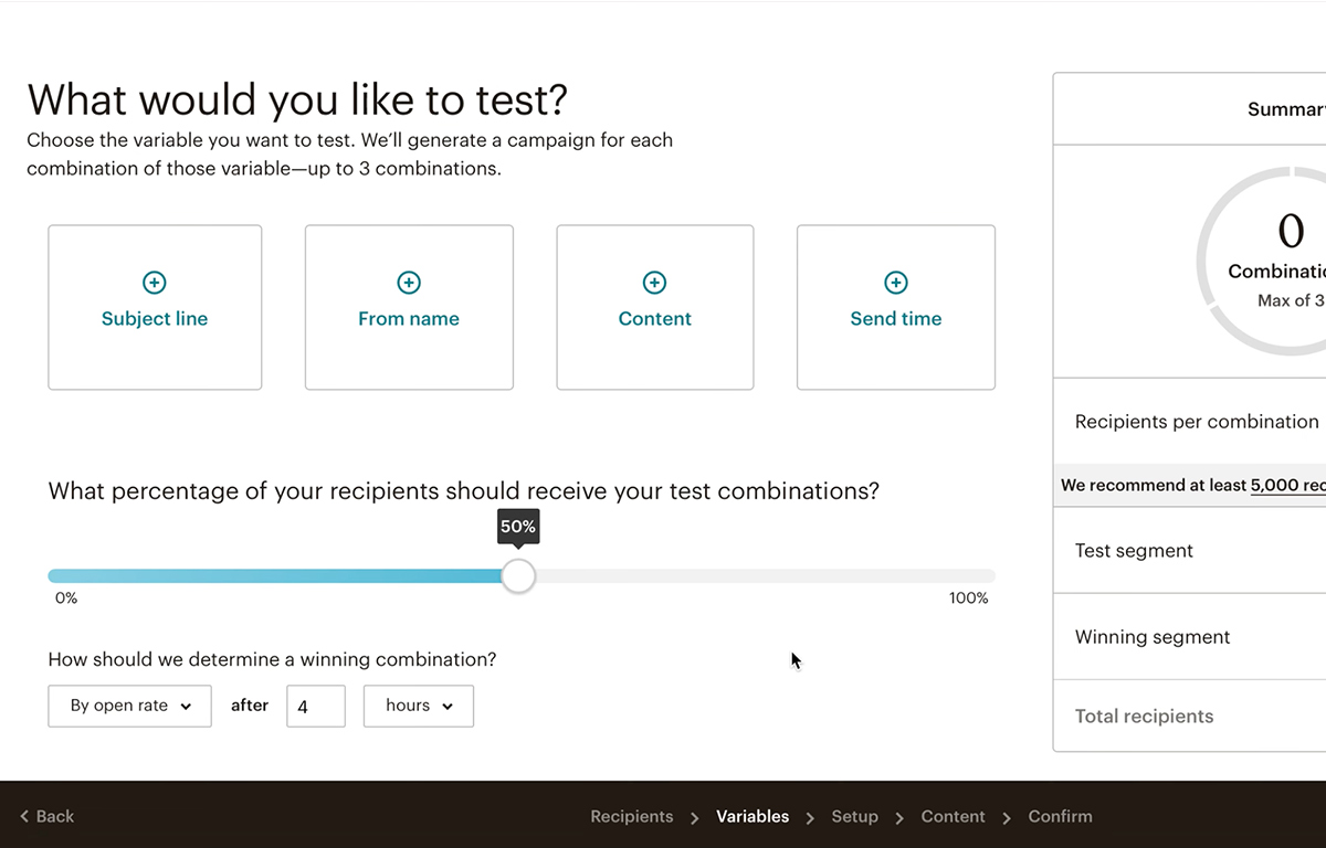 Mailchimp A/B testing settings