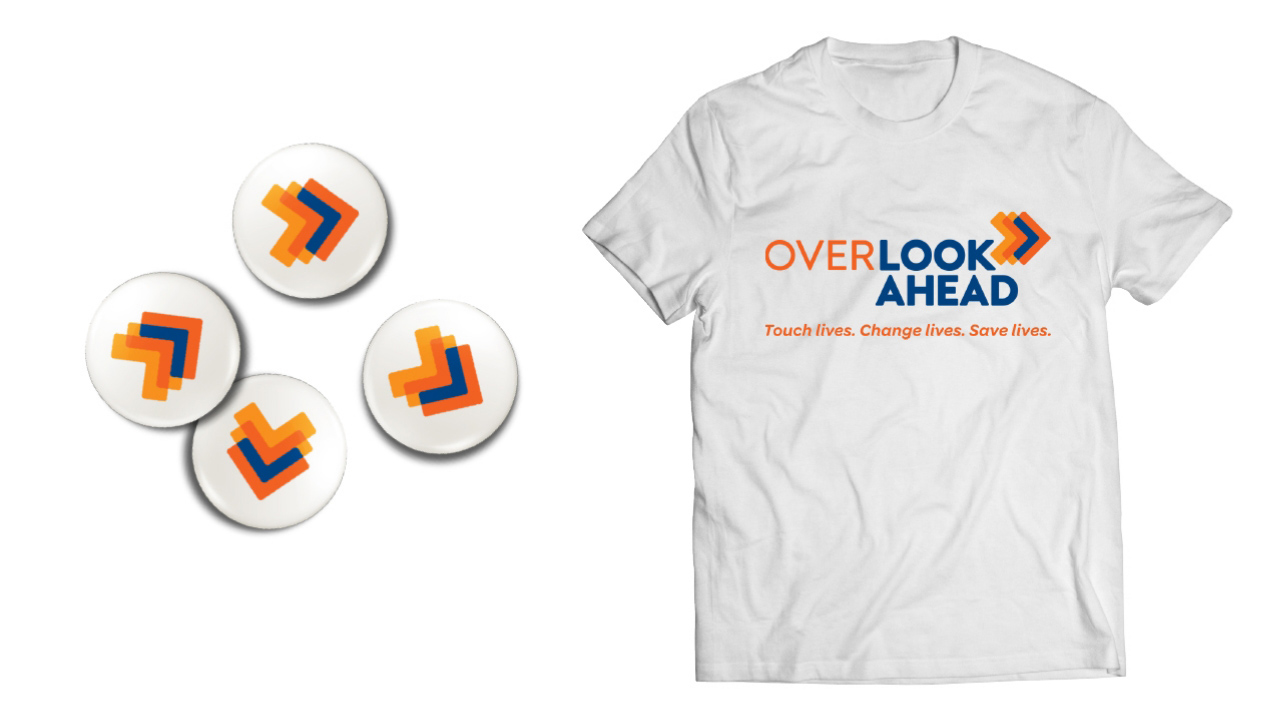 Overlook Ahead Capital Campaign branding mockups on pins and t-shirt