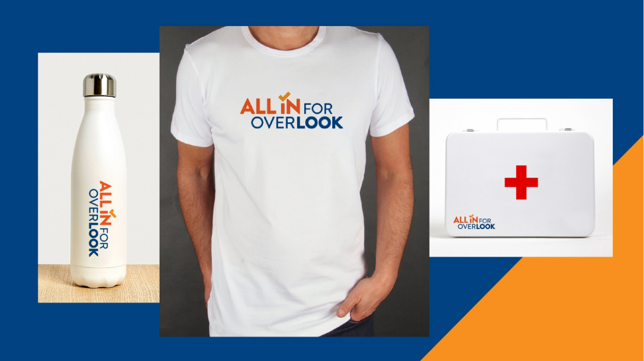 Capital Campaign All in for Overlook branding mockups on t-shirt, water bottle and first-aid kit