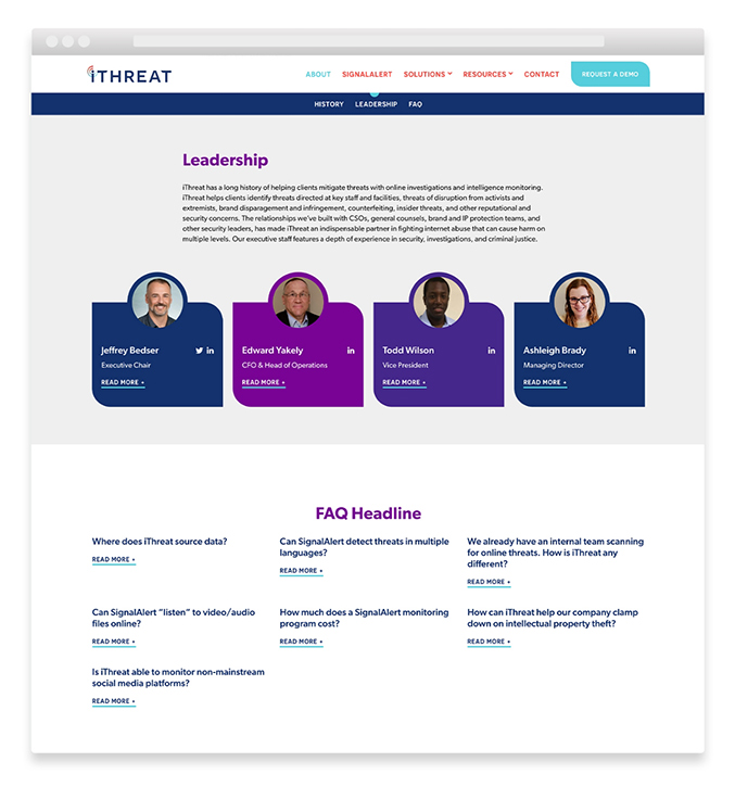 Outsourced marketing team website design showing the leadership page with headshots and contact information