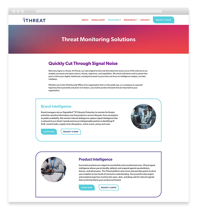 Outsourced marketing team website showing threat monitoring solutions.