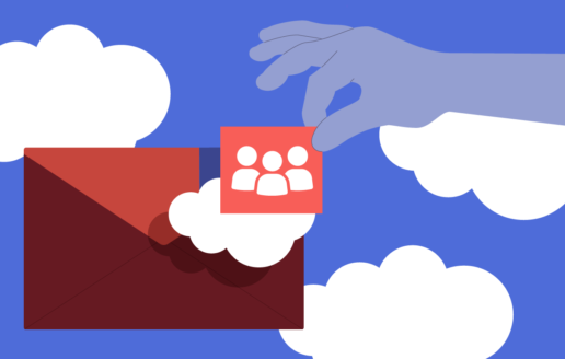 Illustration of a hand grabbing a segment of a donor list from a cloud based email platform.