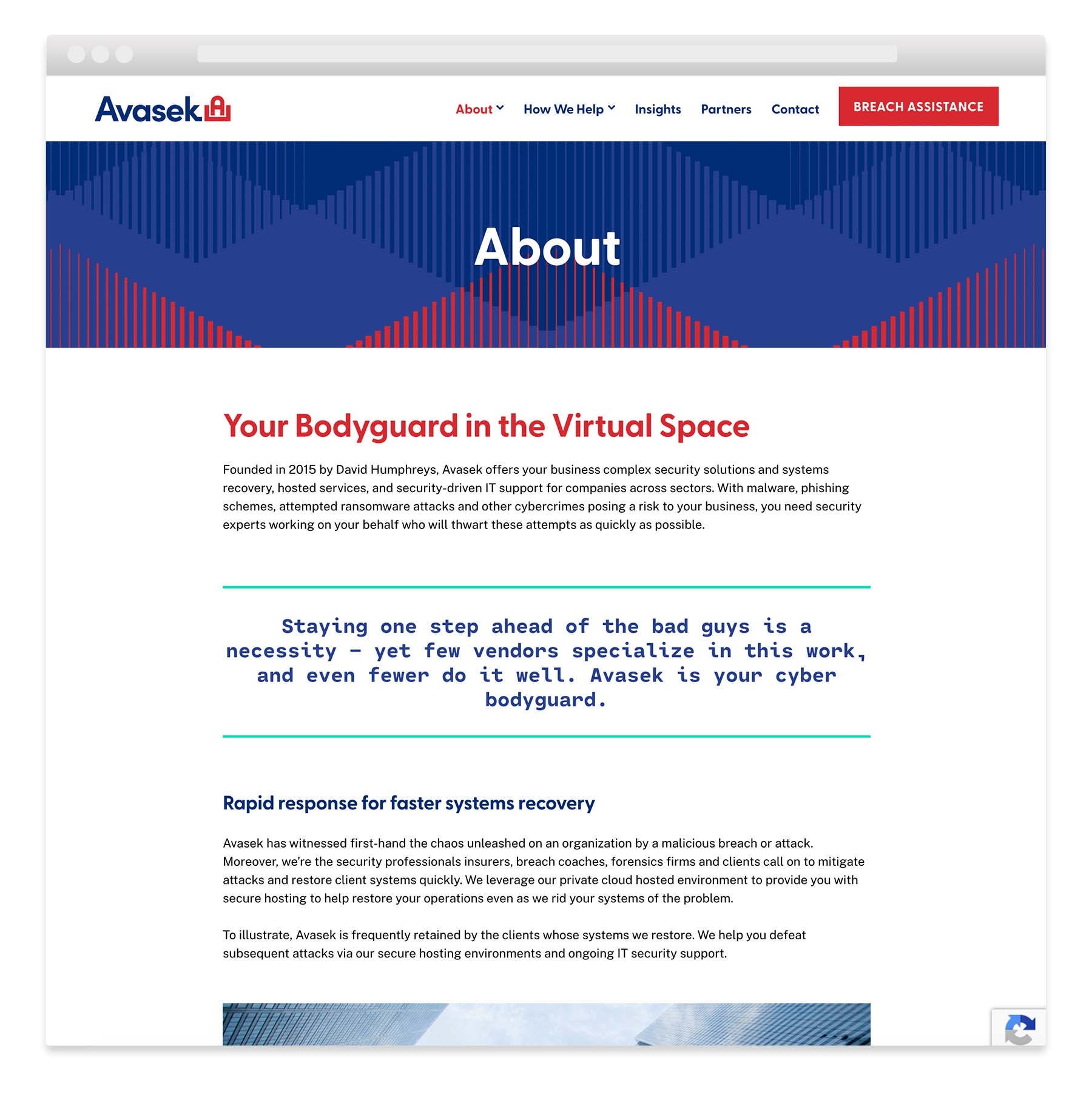 A screenshot of Avasek's about page discussing their story about their cybersecurity organization